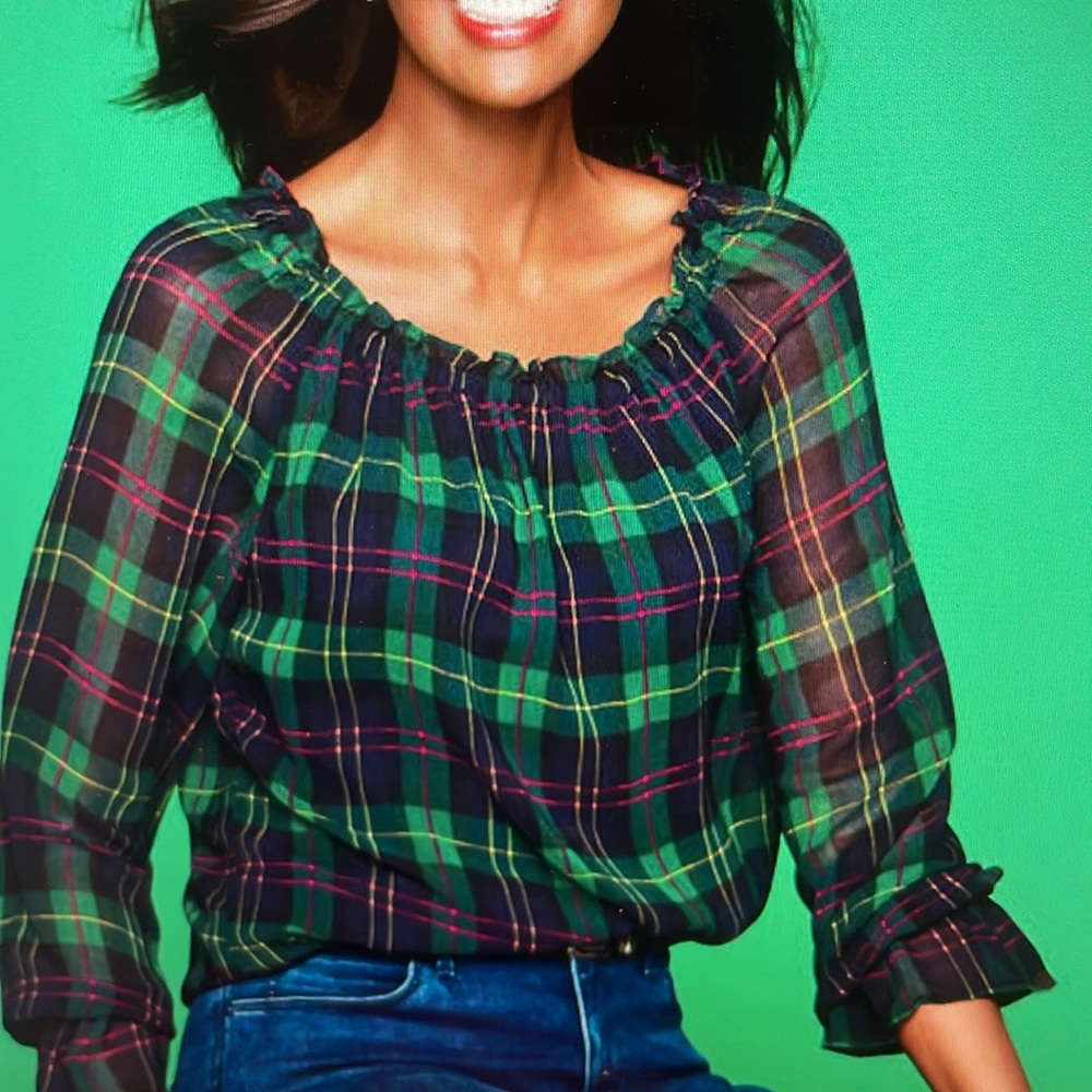 Talbots Multicolor Plaid Ruffle Blouse